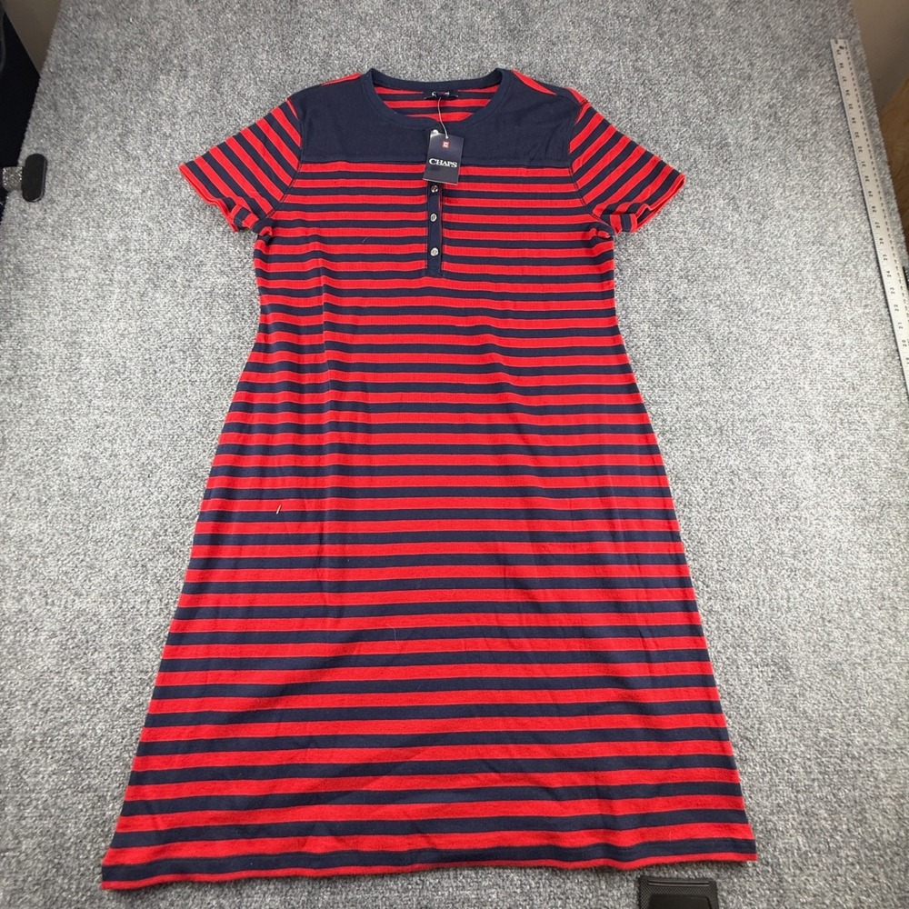 Chaps Womens XL Navy Red Striped Short Sleeve Henley A-Line Dress NWT